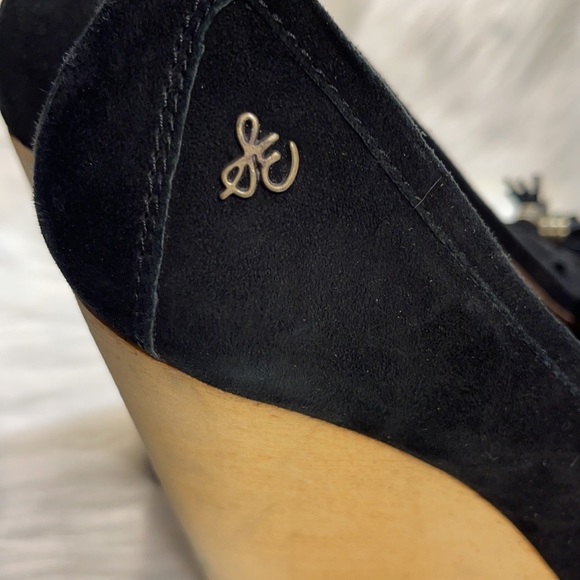 NWT Sam Edelman Black Leather Loafer Tassels & Wood Wedge Platform - Picture 7 of 16